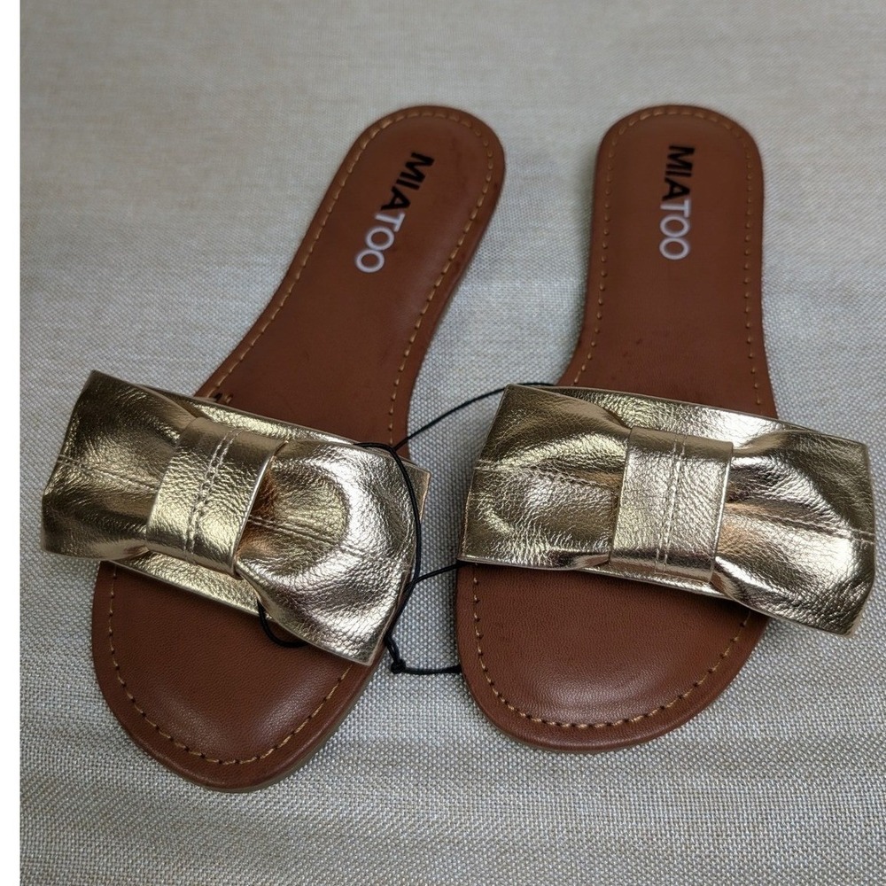 MIATOO Blonddie Slide Sandals Womens 7M Gold New Bow Flat Slip On‎ GS9692103MT